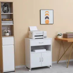 Armario para Impresora con Ruedas Cajón 2 Puertas y Estante para Salón Oficina Estudio 60x39x80 cm Blanco - Ogal.Es