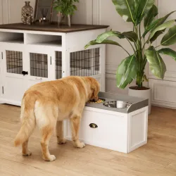 Comedero Elevado para Perros Grandes con 2 Cuencos de 2000 ml de Acero Inoxidable y 1 Cajón 63x30x36 cm Blanco - Ogal.Es
