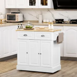 Carro de Cocina con Ruedas Isla de Cocina con 2 Cajones Especiero y Barra para Colgar 110x45x91 cm Blanco - Ogal.Es