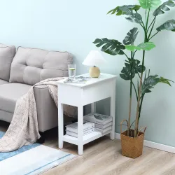 Mesa Auxiliar con Tapa Abatible Estante y Orificio para Cables para Salón Cama Dormitorio 60,5x32,5x70 cm Blanco - Ogal.Es