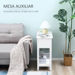 Mesa Auxiliar con Tapa Abatible Estante y Orificio para Cables para Salón Cama Dormitorio 60,5x32,5x70 cm Blanco - Ogal.Es