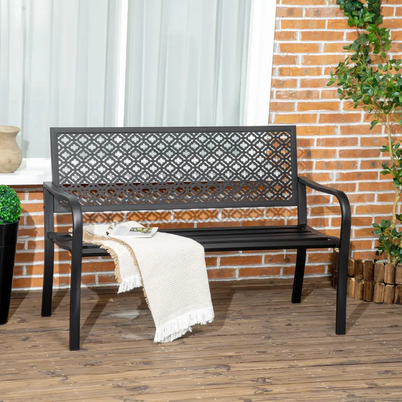 Banco de Jardín de Acero Banco de 2 Plazas con Respaldo Decorativo para Terraza Patio 127x63x83 cm Negro - Ogal.Es