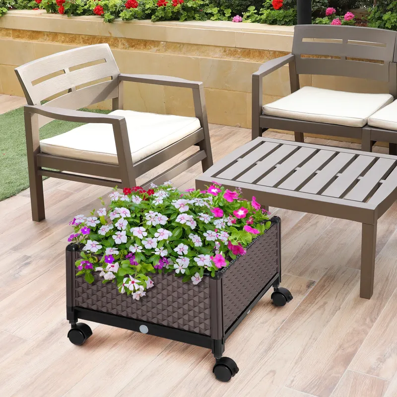 Jardinera de Plástico con Ruedas y Agujeros de Drenaje para Cultivo de Plantas en Exterior 50x50x33 cm Marrón - Ogal.Es