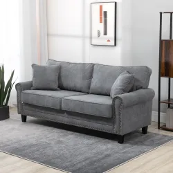 Sofá de 3 Plazas con Tachuelas Oro Envejecido Tapizado en Poliéster con 2 Cojines Decorativos 196x80,5x89 cm Gris - Ogal.Es