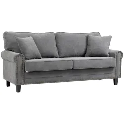 Sofá de 3 Plazas con Tachuelas Oro Envejecido Tapizado en Poliéster con 2 Cojines Decorativos 196x80,5x89 cm Gris - Ogal.Es