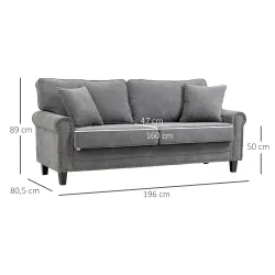 Sofá de 3 Plazas con Tachuelas Oro Envejecido Tapizado en Poliéster con 2 Cojines Decorativos 196x80,5x89 cm Gris - Ogal.Es