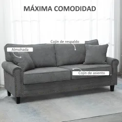 Sofá de 3 Plazas con Tachuelas Oro Envejecido Tapizado en Poliéster con 2 Cojines Decorativos 196x80,5x89 cm Gris - Ogal.Es