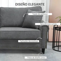 Sofá de 3 Plazas con Tachuelas Oro Envejecido Tapizado en Poliéster con 2 Cojines Decorativos 196x80,5x89 cm Gris - Ogal.Es