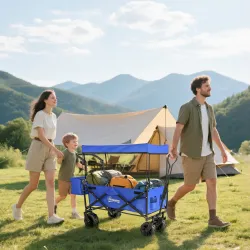 Carro de Transporte Plegable con Toldo y Asa Telescópica Carga Máx. 68 kg para Playa Camping 117x55x98cm Azul - Ogal.Es