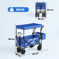Carro de Transporte Plegable con Toldo y Asa Telescópica Carga Máx. 68 kg para Playa Camping 117x55x98cm Azul - Ogal.Es