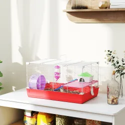 Jaula para Hámster con Plataforma con Caseta Comedero Bebedero y Rueda de Ejercicio 47x30x27 cm Blanco y Rojo - Ogal.Es