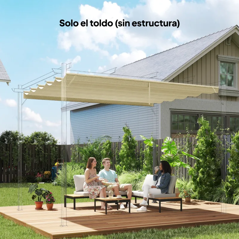 Cubierta para Techo Retráctil de 3,5x2,6m para Pérgola 4x3 Tela de Repuesto con 10 Orificios de Drenaje Crema - Ogal.Es