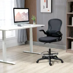 Silla de Dibujo Giratoria con Soporte Lumbar Reposapiés Ajustable y Reposabrazos Abatibles 59x65x102-122 cm Negro - Ogal.Es