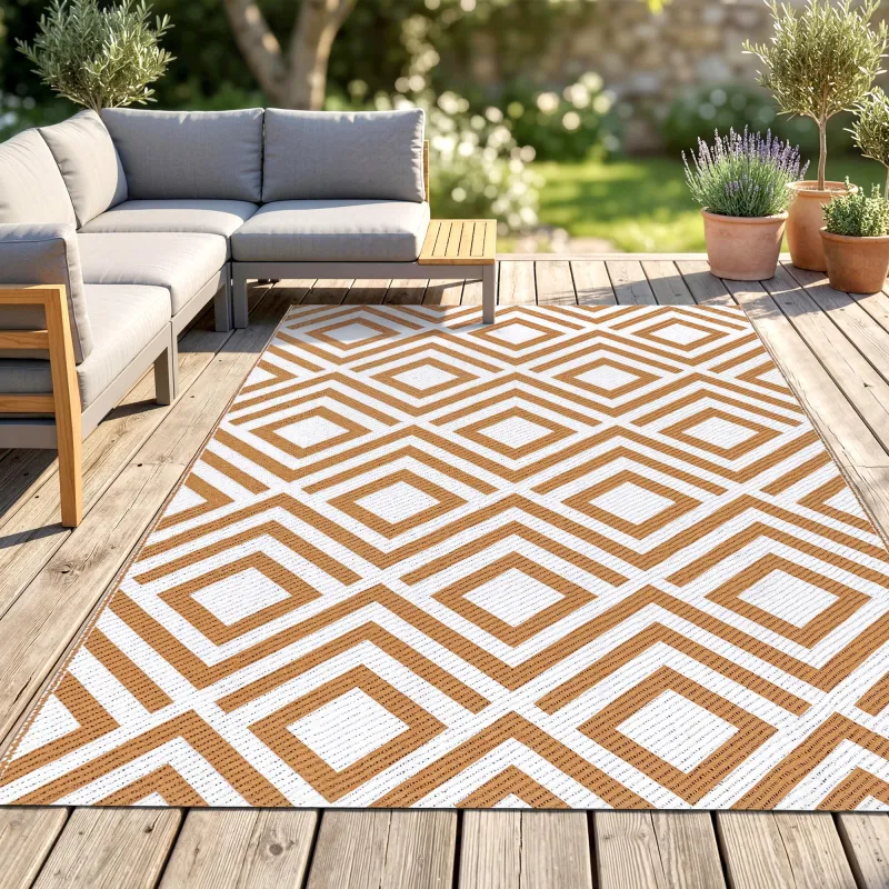 Alfombra Exterior Reversible 182x274 cm de Plástico Impermeable para Terraza Patio Camping Playa Rojo y Blanco - Ogal.Es