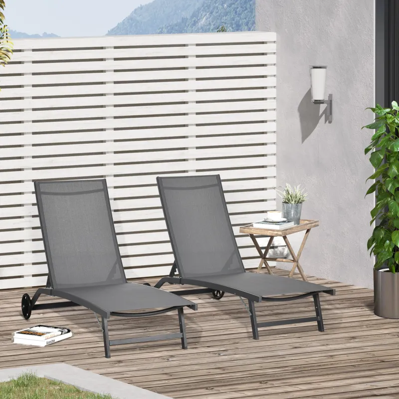 Juego de 2 Tumbonas Reclinables de Jardín de Aluminio con Respaldo Ajustable y Ruedas 165x66x102 cm Gris Oscuro - Ogal.Es