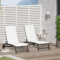 Juego de 2 Tumbonas Reclinables de Jardín de Aluminio con Respaldo Ajustable y Ruedas 165x66x102 cm Blanco Mate - Ogal.Es