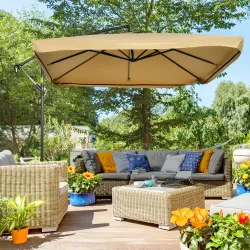 Sombrilla de Jardín Excéntrica 296x296x265 cm con Manivela Mosquitera y Base Cruzada para Terraza Patio Color Beige - Ogal.Es