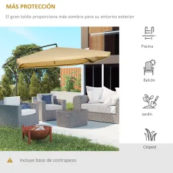 Sombrilla de Jardín Excéntrica 296x296x265 cm con Manivela Mosquitera y Base Cruzada para Terraza Patio Color Beige - Ogal.Es