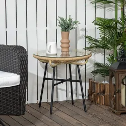 Mesa Auxiliar de Ratán Sintético Redonda para Exteriores con Encimera de Vidrio Templado Ø50x50 cm Beige - Ogal.Es