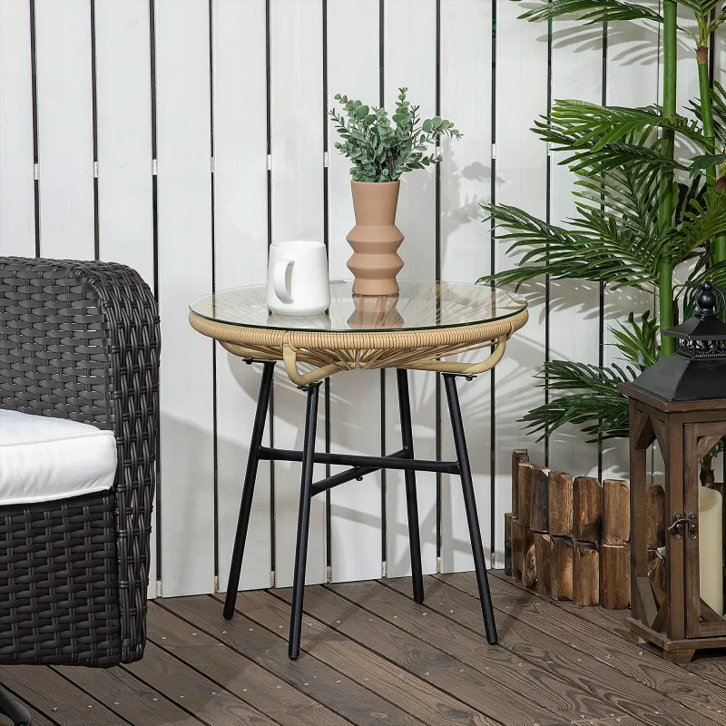 Mesa Auxiliar de Ratán Sintético Redonda para Exteriores con Encimera de Vidrio Templado Ø50x50 cm Beige - Ogal.Es