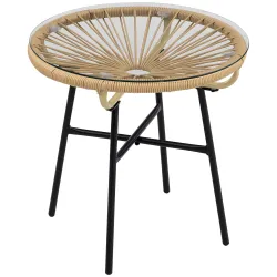 Mesa Auxiliar de Ratán Sintético Redonda para Exteriores con Encimera de Vidrio Templado Ø50x50 cm Beige - Ogal.Es