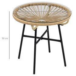 Mesa Auxiliar de Ratán Sintético Redonda para Exteriores con Encimera de Vidrio Templado Ø50x50 cm Beige - Ogal.Es