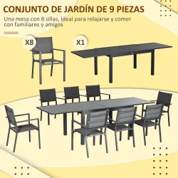 Juegos de Comedor de Jardín con Marco de Aluminio Mesa Extensible y 8 Sillas Apilables para Terraza Patio Gris - Ogal.Es