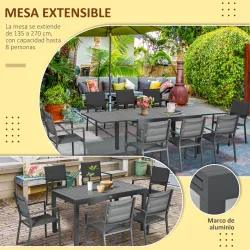 Juegos de Comedor de Jardín con Marco de Aluminio Mesa Extensible y 8 Sillas Apilables para Terraza Patio Gris - Ogal.Es