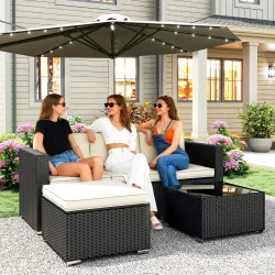 Conjunto de Muebles de Ratán de Jardín Sofá de 3 Plazas Taburete y Mesa de Centro con Encimera de Cristal Negro - Ogal.Es