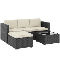 Conjunto de Muebles de Ratán de Jardín Sofá de 3 Plazas Taburete y Mesa de Centro con Encimera de Cristal Negro - Ogal.Es