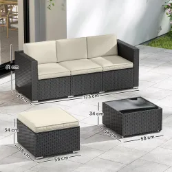 Conjunto de Muebles de Ratán de Jardín Sofá de 3 Plazas Taburete y Mesa de Centro con Encimera de Cristal Negro - Ogal.Es