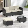 Conjunto de Muebles de Ratán de Jardín Sofá de 3 Plazas Taburete y Mesa de Centro con Encimera de Cristal Negro - Ogal.Es