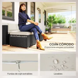 Conjunto de Muebles de Ratán de Jardín Sofá de 3 Plazas Taburete y Mesa de Centro con Encimera de Cristal Negro - Ogal.Es