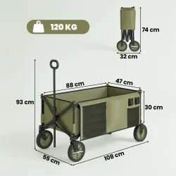 Carro Plegable de Transporte con Mango Telescópico Tablero Plegable y 5 Bolsillos para Jardín 108x55x93 cm Verde - Ogal.Es