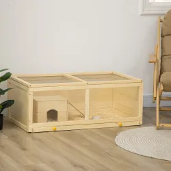 Jaula para Hámster de Madera con Techo Abatible Panel de Acrílico Bandeja Extraíble y Cabaña 100x58x38 cm Natural - Ogal.Es