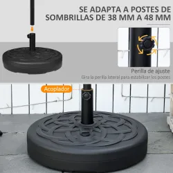Base de Sombrilla de PE Redonda para Postes de 38mm/48mm Rellenable de Arena 35 kg y Agua 25L Ø56x30,5 cm Negro - Ogal.Es