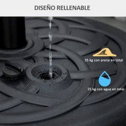 Base de Sombrilla de PE Redonda para Postes de 38mm/48mm Rellenable de Arena 35 kg y Agua 25L Ø56x30,5 cm Negro - Ogal.Es