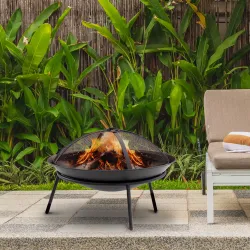 Brasero de Exterior con Tapa y Atizador Pozo de Fuego de Metal para Terraza Patio Jardín Ø47x33 cm Negro - Ogal.Es