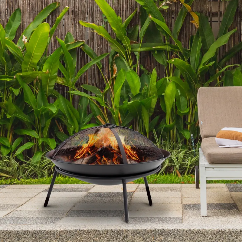 Brasero de Exterior con Tapa y Atizador Pozo de Fuego de Metal para Terraza Patio Jardín Ø47x33 cm Negro - Ogal.Es