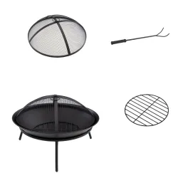 Brasero de Exterior con Tapa y Atizador Pozo de Fuego de Metal para Terraza Patio Jardín Ø47x33 cm Negro - Ogal.Es