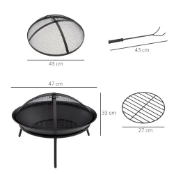 Brasero de Exterior con Tapa y Atizador Pozo de Fuego de Metal para Terraza Patio Jardín Ø47x33 cm Negro - Ogal.Es