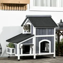 &nbsp;Caseta de Madera de Exterior para Gatos Casa para Gatos Refugio para Gatos de 2 Niveles 96x65x85,5 cm Gris - Ogal.Es