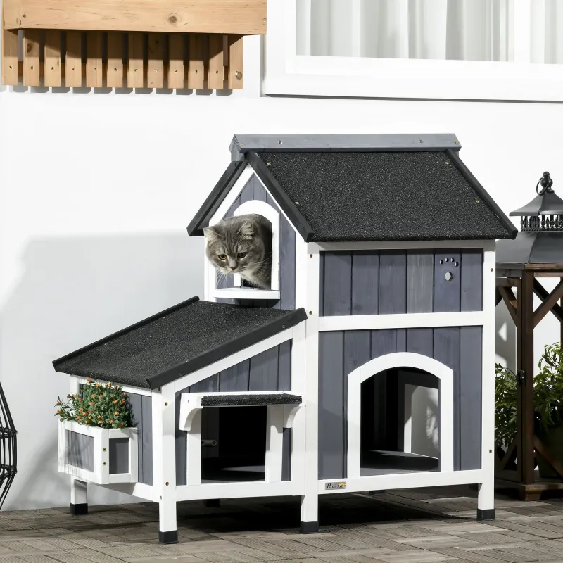 &nbsp;Caseta de Madera de Exterior para Gatos Casa para Gatos Refugio para Gatos de 2 Niveles 96x65x85,5 cm Gris - Ogal.Es