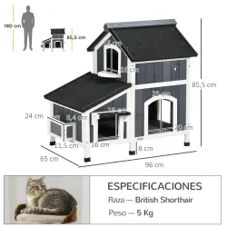&nbsp;Caseta de Madera de Exterior para Gatos Casa para Gatos Refugio para Gatos de 2 Niveles 96x65x85,5 cm Gris - Ogal.Es