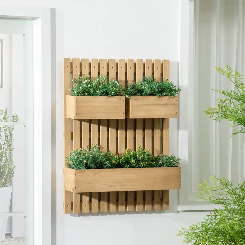 Jardinera de Pared de Madera con Enrejado y 3 Macetas Móviles para Jardín Terraza Patio 60x16x80 cm Natural - Ogal.Es