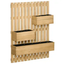 Jardinera de Pared de Madera con Enrejado y 3 Macetas Móviles para Jardín Terraza Patio 60x16x80 cm Natural - Ogal.Es