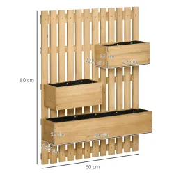 Jardinera de Pared de Madera con Enrejado y 3 Macetas Móviles para Jardín Terraza Patio 60x16x80 cm Natural - Ogal.Es