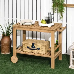 Carrito de Madera para Exterior Carro de Servicio con Asa Lateral y 3 Porta botellas 95x47x74 cm Natural - Ogal.Es