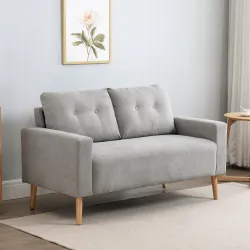 Sofá de 2 Plazas con 2 Cojines Reposabrazos y Patas de Madera de Caucho para Dormitorio Oficina 145x76x88 cm Gris - Ogal.Es