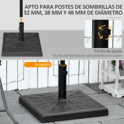 Base para Sombrilla de Resina 19 kg para Mástil de Ø32/38/48 mm para Jardín Terraza Patio 51x51x32 cm Negro - Ogal.Es